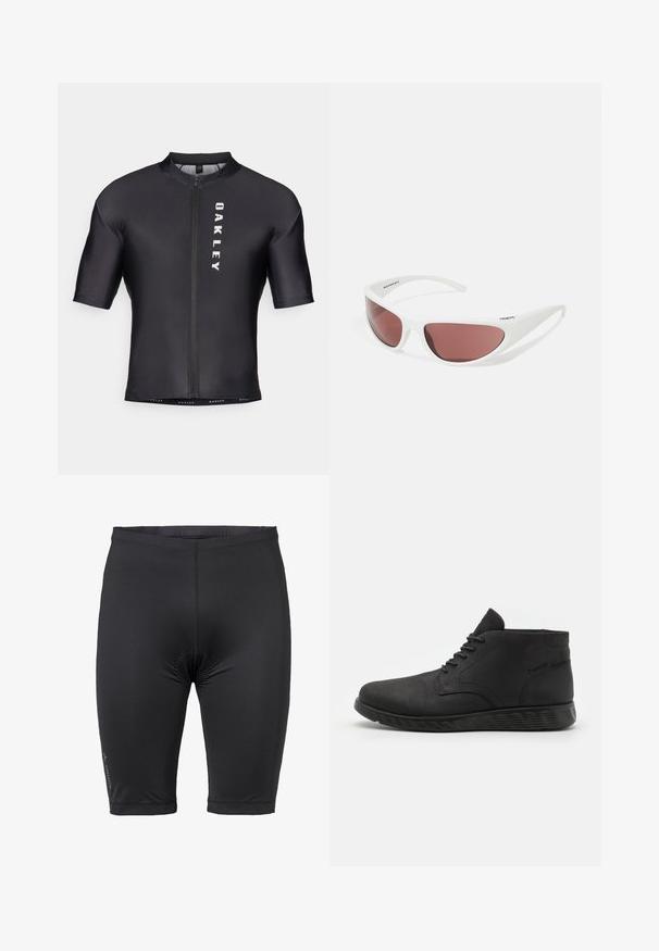 Korte mouwen fietstrui van zwart, glad materiaal. Heeft een ritssluiting aan de voorkant en "OAKLEY" in het wit gedrukt op de linkerkant.; Zwarte fietsshorts gemaakt van rekbaar materiaal. Beschikt over een snug fit, elastische tailleband en minimale branding aan de linkerkant.; Zwarte midhoge veter schoen met gladde afwerking en gestructureerde zool, zijaanzicht op een effen lichte achtergrond.; Arnette NINETEETWO - Zonnebril - white