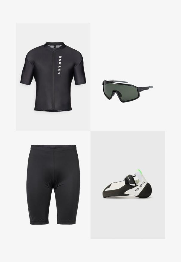 Kurzarm-Radtrikot aus schwarzem, glattem Stoff. Mit einem Reißverschluss an der Vorderseite und "OAKLEY" in Weiß auf der linken Seite bedruckt.; Schwarze Radsportshorts aus dehnbarem Material. Sie haben eine enge Passform, einen elastischen Taillenbund und eine minimale Markenkennzeichnung auf der linken Seite.; Kletterschuh in Weiß und Schwarz mit einem grünen Akzent, ausgestattet mit einer spitzen Zehe, Velcro-Riemen und einer Gummisohle für besseren Grip.; Schwarze Sportsonnenbrille mit großen grünen Gläsern, kantigem Design und matter Oberfläche. Verfügt über eine ausgeprägte Nasenbrücke und texturierte Bügel.