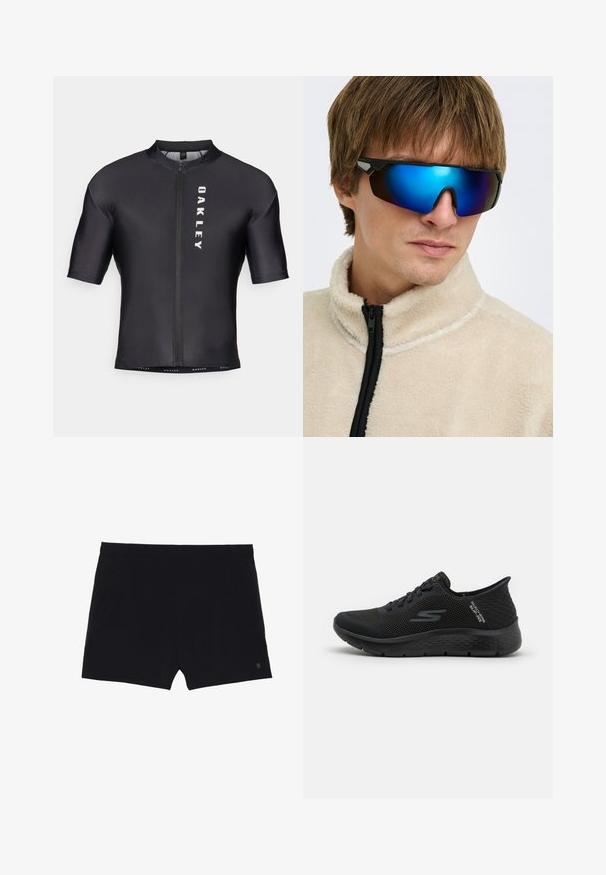 Maillot de cyclisme à manches courtes en tissu noir et lisse. Il possède une fermeture éclair à l'avant et le logo "OAKLEY" imprimé en blanc sur le côté gauche.; Shorts de sport noirs avec une texture lisse, une taille élastique et deux poches latérales. Présente un petit logo sur le bas à droite.; Chaussure de sport noire avec une tige en mesh respirant, des accents texturés et une semelle rembourrée. Présente un bout rond et un système de laçage.; Jeune homme portant des lunettes de soleil de sport bleues réfléchissantes et une veste polaire couleur crème avec une fermeture éclair noire.