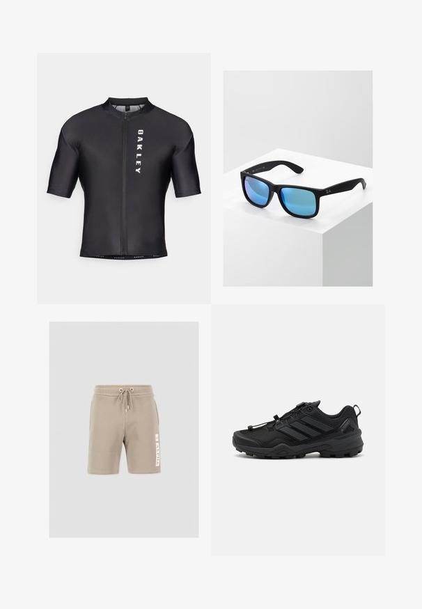 Cykeltrøje med korte ærmer lavet af sort, glat stof. Har en lynlås foran og "OAKLEY" trykt i hvidt på venstre side.; Lys beige shorts lavet af blødt stof, med en elastisk talje og snøre samt et hvidt logo-detail på venstre ben.; Sort atletisk sko med en tekstureret mesh-overdel, kontrasterende syntetiske accenter og en robust gummisål. Har et sikkert snøresystem og bageste loop.; Sorte rektangulære solbriller med blå spejlende linser. Har en mat finish og Ray-Ban-logoet på stængerne.