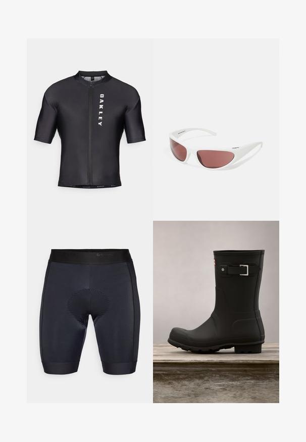 Kurzarm-Radtrikot aus schwarzem, glattem Stoff. Mit einem Reißverschluss an der Vorderseite und "OAKLEY" in Weiß auf der linken Seite bedruckt.; Schwarze Radsportshorts mit glatter Textur, ausgestattet mit einem gepolsterten Bereich in der Mitte und einem schwarzen elastischen Bund mit "GripGrab"-Branding.; Schwarze Gummiregenstiefel mit niedrigem Absatz, runder Spitze und einem silbernen Schnallenakzent. Verfügt über eine strukturierte Sohle für besseren Halt.; Arnette NINETEETWO - Sonnenbrille - white