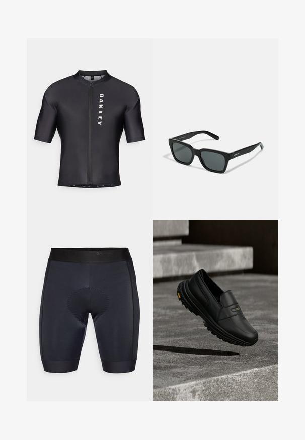 Kurzarm-Radtrikot aus schwarzem, glattem Stoff. Mit einem Reißverschluss an der Vorderseite und "OAKLEY" in Weiß auf der linken Seite bedruckt.; Schwarze Radsportshorts mit glatter Textur, ausgestattet mit einem gepolsterten Bereich in der Mitte und einem schwarzen elastischen Bund mit "GripGrab"-Branding.; Schwarzer Slip-On-Schuh mit dicker, profiliert gerillter Sohle, schwebt über Betontreppen und hebt die langlebige Griffigkeit sowie das elegante Obermaterial aus Leder hervor.; Schwarze Sonnenbrille mit rechteckiger Form, mattem Finish und dunklen Gläsern. Besitzt eine schlichte Markenkennzeichnung an den Bügeln.