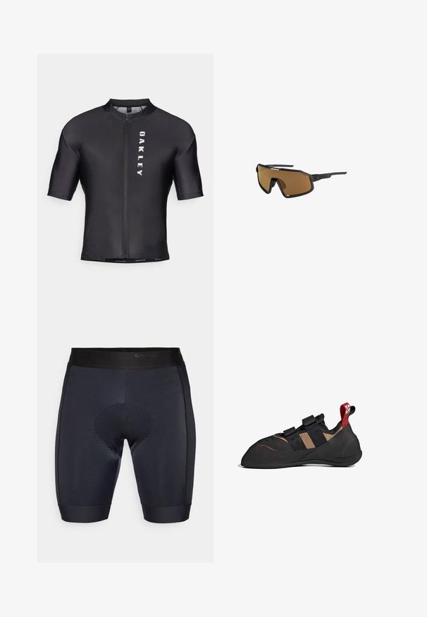 Korte mouwen fietstrui van zwart, glad materiaal. Heeft een ritssluiting aan de voorkant en "OAKLEY" in het wit gedrukt op de linkerkant.; Zwarte fietsshorts met een gladde textuur, voorzien van een gepolsterd gedeelte in het midden en een zwarte elastische tailleband met "GripGrab"-merk.; Klimschoen met een zwart en bruin synthetisch bovenwerk, voorzien van twee klittenbandstraps, een rubberen zool en een rode lus aan de hiel.; Quiksilver SLASH P - POLARISIERTE - Zonnebril - smoke gold