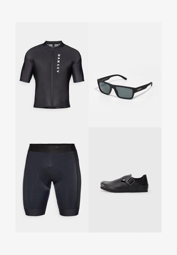 Cykeltrøje med korte ærmer lavet af sort, glat stof. Har en lynlås foran og "OAKLEY" trykt i hvidt på venstre side.; Sorte cykeltights med en glat tekstur, med en polstret sektion i midten og et sort elastisk bælte med "GripGrab" branding.; Sort lædertræsko med en justerbar spænde rem, rund tå, udskæring i siden og struktureret overflade. Robust sort gummisål.; Sorte rektangulære solbriller med mørke linser og mat finish. Features "ARNETTE" branding på siden, lige arme og et robust design.