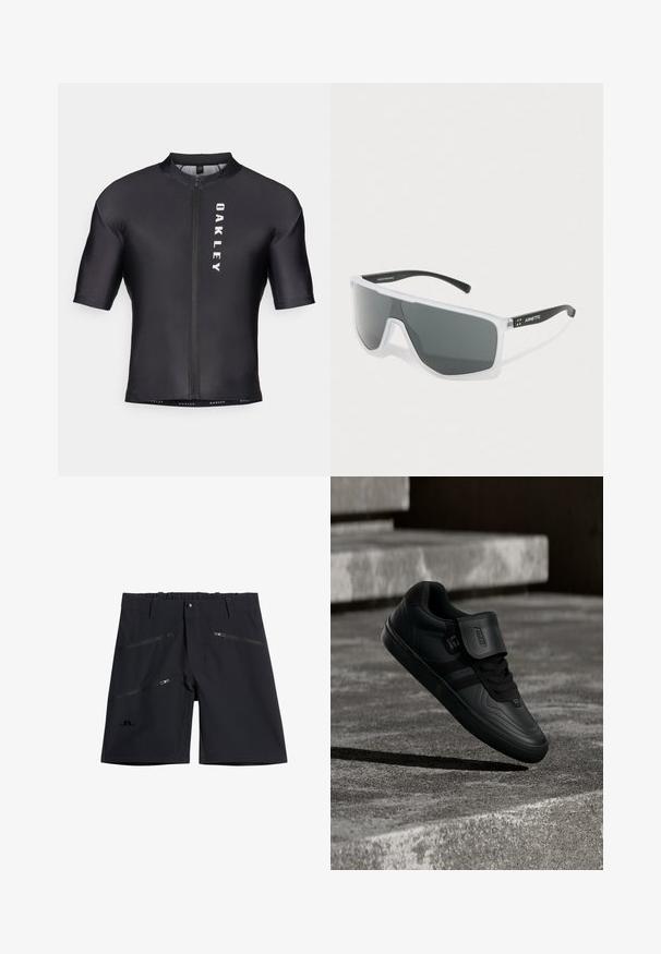 Kurzarm-Radtrikot aus schwarzem, glattem Stoff. Mit einem Reißverschluss an der Vorderseite und "OAKLEY" in Weiß auf der linken Seite bedruckt.; Schwarze Shorts aus dehnbarem Material, ausgestattet mit mehreren Reißverschlusstaschen und einem flachen Bund mit Knopfverschluss. Auffälliges Logo-Detail an der Seite.; Schwarzer Sneaker mit Klettverschluss und Schnürsenkeln, der über grauen Betontreppen in einer Außenanlage schwebt.; Sonnenbrille mit weißen Rahmen, dunklen rechteckigen Gläsern und schwarzen Bügeln, wobei ein Bügel das weiße "Arnette"-Logo trägt.