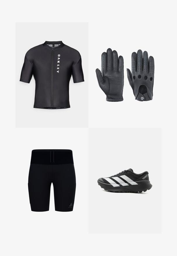 Korte mouwen fietstrui van zwart, glad materiaal. Heeft een ritssluiting aan de voorkant en "OAKLEY" in het wit gedrukt op de linkerkant.; Zwarte atletische shorts tot halverwege het bovenbeen met een brede tailleband en trekkoord, met een klein logo op het linkerbeen.; Zwart-witte Adidas Terrex trailrunningschoen met dikke zool en grof profiel, zijaanzicht op een effen lichte achtergrond.; Zwarte leren handschoenen met een gestructureerde afwerking, voorzien van perforaties op de rug en een uitsparing bij de pols met een drukknoopsluiting.