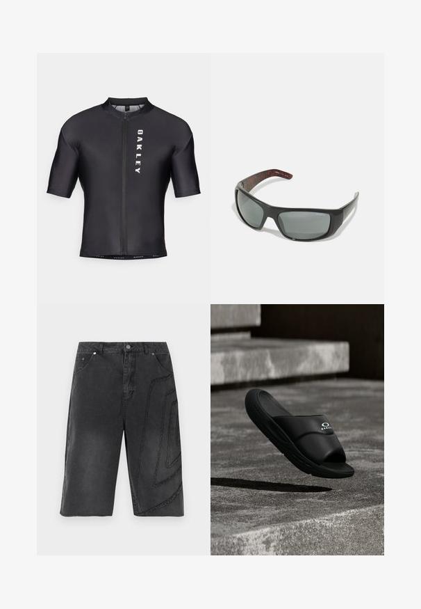 Korte mouwen fietstrui van zwart, glad materiaal. Heeft een ritssluiting aan de voorkant en "OAKLEY" in het wit gedrukt op de linkerkant.; Zwarte denim knielange shorts met vijf zakken, een knoopsluiting en een geometrisch gestikt patroon op het rechterbeen.; Zwarte Oakley slidesandaal zwevend boven getextureerde betonnen traptreden onder zacht licht, met zicht op zijkant en bovenkant, logo zichtbaar.; Arnette HOT SHOT - Zonnebril - dark grey