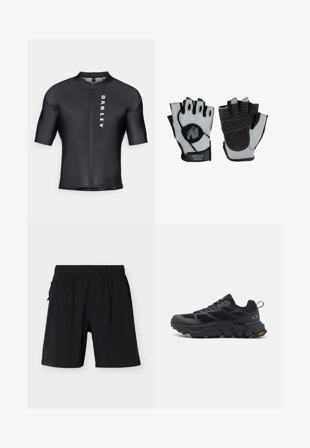 Korte mouwen fietstrui van zwart, glad materiaal. Heeft een ritssluiting aan de voorkant en "OAKLEY" in het wit gedrukt op de linkerkant.; Zwarte knielange shorts met elastische tailleband en steekzakken aan de zijkant, afgebeeld tegen een effen lichte achtergrond.; Zwarte sportschoenen met een stevige zool, een bovenwerk van mesh en synthetisch materiaal, getextureerde accenten en Vibram-branding op de buitenzool.; Gorilla Wear MITCHELL TRAINING - Vingerloze handschoenen - grey