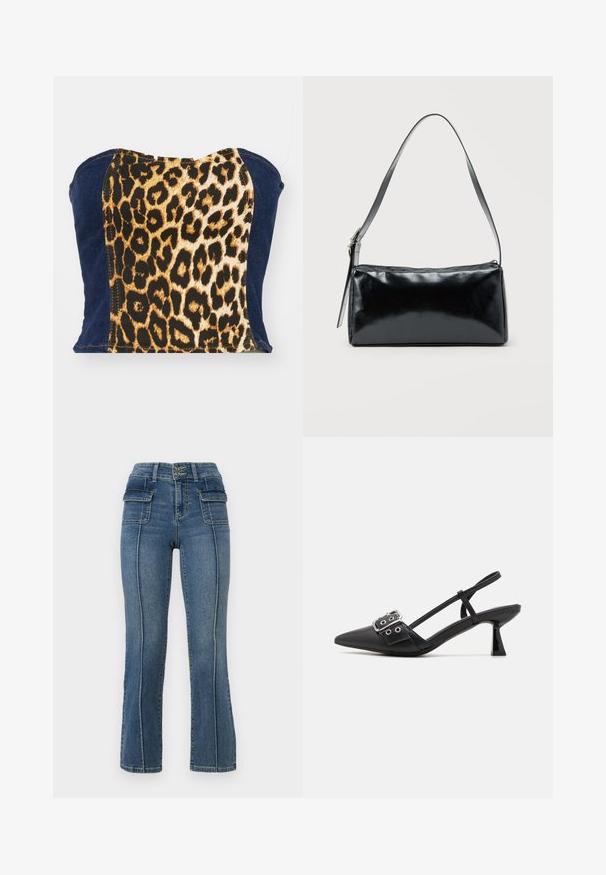 Denim ja leopardimustriga toru ülaosa, millel on sobiv disain musta ja kuldse looma mustriga, mida täiustavad tumedast sinisest denimist külgedel.; ONLY Petite ONLWAUW MID WAIST FLARED - Alt laienevad teksad - medium blue denim; Simmi London DALA - Klassikalised kontsakingad - black; Must ristkülikukujuline õlakott ühe reguleeritava rihmaga ja ülemise tõmblukuga, ühtlase taustaga.