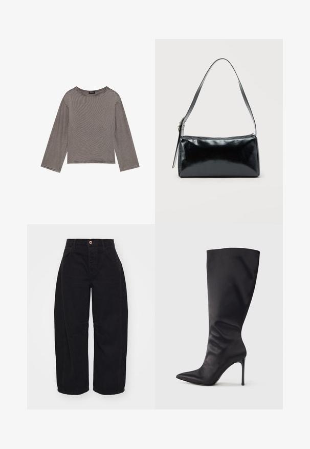 Top gris de manga larga hecho de una tela ligera con un corte holgado, que presenta un escote redondo y acentos de dobladillo deshilachado.; Free People GOOD LUCK MID RISE BARREL - Vaqueros boyfriend - soundwave; Bota negra hasta la rodilla con tacón de aguja, hecha de material liso y elegante; punta puntiaguda; ajuste ceñido con un sutil fruncido cerca del tobillo; tacón brillante.; Bolso de hombro rectangular negro con una correa ajustable y un cierre de cremallera superior sobre un fondo liso.