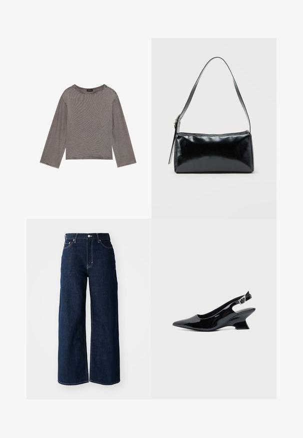 Un haut gris à manches longues en tissu léger avec une coupe décontractée, présentant un col rond et des accents à ourlet brut.; Jeans en denim bleu foncé à jambes larges avec des coutures contrastées, un design à cinq poches et une fermeture à bouton à la taille.; Chaussure slingback en cuir verni noir avec bout pointu et petit talon bloc incliné sur fond clair uni.; Sac d'épaule rectangulaire noir avec une sangle réglable unique et une fermeture éclair supérieure sur un fond uni.