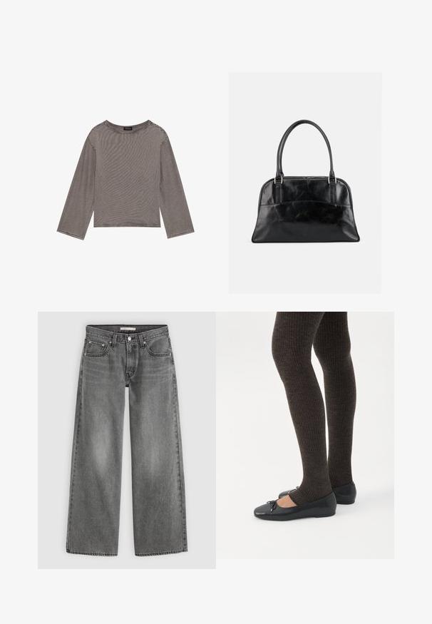 Un haut gris à manches longues en tissu léger avec une coupe décontractée, présentant un col rond et des accents à ourlet brut.; Jean gris taille haute à jambes larges avec fermeture devant par bouton et zip, deux poches avant et passants de ceinture, posé à plat sur un fond clair.; Jambes portant des leggings côtelés foncés associés à des ballerines noires avec de petits détails en nœud sur fond blanc.; Sac à main en cuir noir avec deux poignées supérieures arrondies et une poche avant légèrement incurvée, présenté sur un fond clair uni.