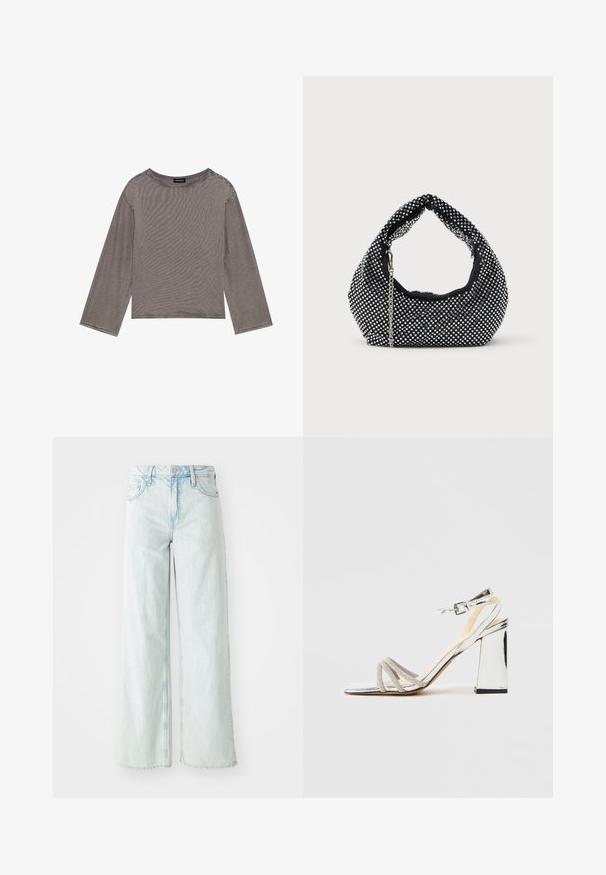 Grå langærmet top lavet af letvægtsstof med en løs pasform, der har en rund halsudskæring og rå kantdetaljer.; Lysblå, højttalende brede benjeans i denimstof. Har fem lommer og knaplukning. Slidte områder på lårene.; Sølv højhælede sandaler med blokhæl, tre rhinestones remme over tæerne, og en justerbar ankelrem med spænde.; Sort mesh håndtaske prydet med sølvnitter, udstyret med et buet håndtag og en kædetraspe. Blød tekstur med en rund form.