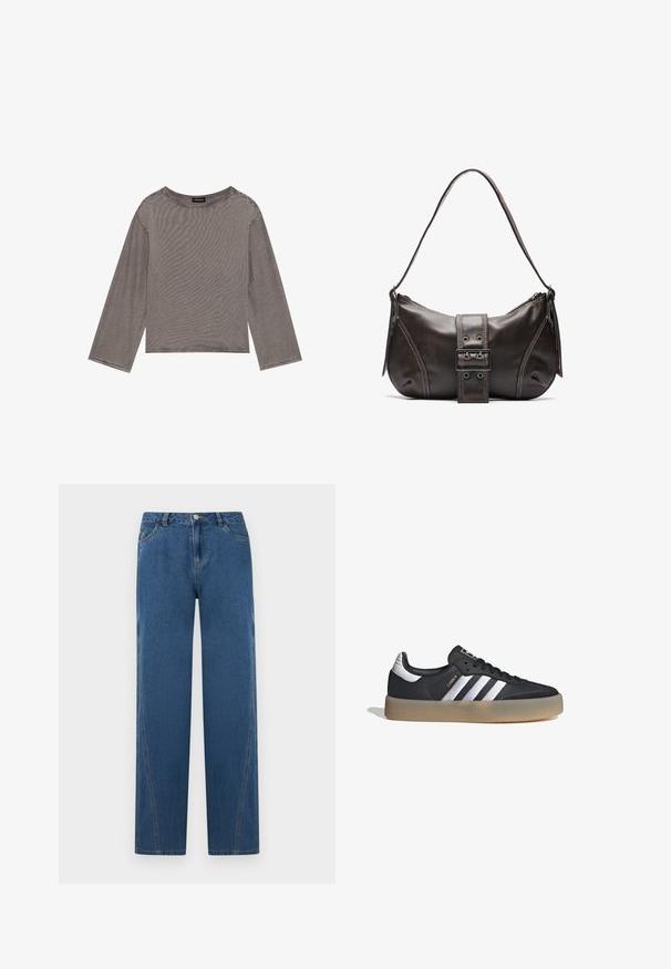Top gris de manga larga hecho de una tela ligera con un corte holgado, que presenta un escote redondo y acentos de dobladillo deshilachado.; Jeans de denim azul con un diseño de pierna recta, que cuentan con cinco bolsillos, un cierre de botón en la parte delantera y detalles de costura a lo largo de las costuras.; Zapatilla deportiva de cuero negro con tres rayas plateadas, punta texturizada y suela de goma. Cuenta con un collar acolchado y un diseño con cordones.; Bolso de hombro de cuero marrón con forma curva, que presenta un prominente detalle de hebilla, costuras en contraste y una sola correa para el hombro.