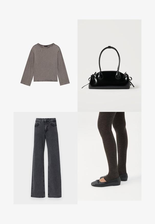 Grå langærmet top lavet af letvægtsstof med en løs pasform, der har en rund halsudskæring og rå kantdetaljer.; Sorte denim flared jeans med høj talje, der har to forlommer og subtile syninger langs sømmene.; Ben iført mørke ribbede leggings kombineret med sorte balletsko med små sløjfedetaljer på hvid baggrund.; Lille sort blank håndtaske med to lange håndtag og snøre-detaljer i siden på en ensfarvet lys baggrund.
