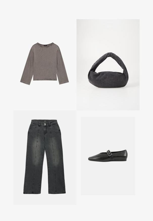 Grå langærmet top lavet af letvægtsstof med en løs pasform, der har en rund halsudskæring og rå kantdetaljer.; Viddejeans i mørkegrå denim med høj talje, to frontlommer, midtersøm og diskret falmning på stoffet.; Sorte læder flade sko med spidse tæer, prydet med en metallisk spænde over vristen og en lav, fleksibel sål.; Mørkegrå stofpose med et buet håndtag, blød tekstur og rund form. Ingen synligt hardware eller pynt.