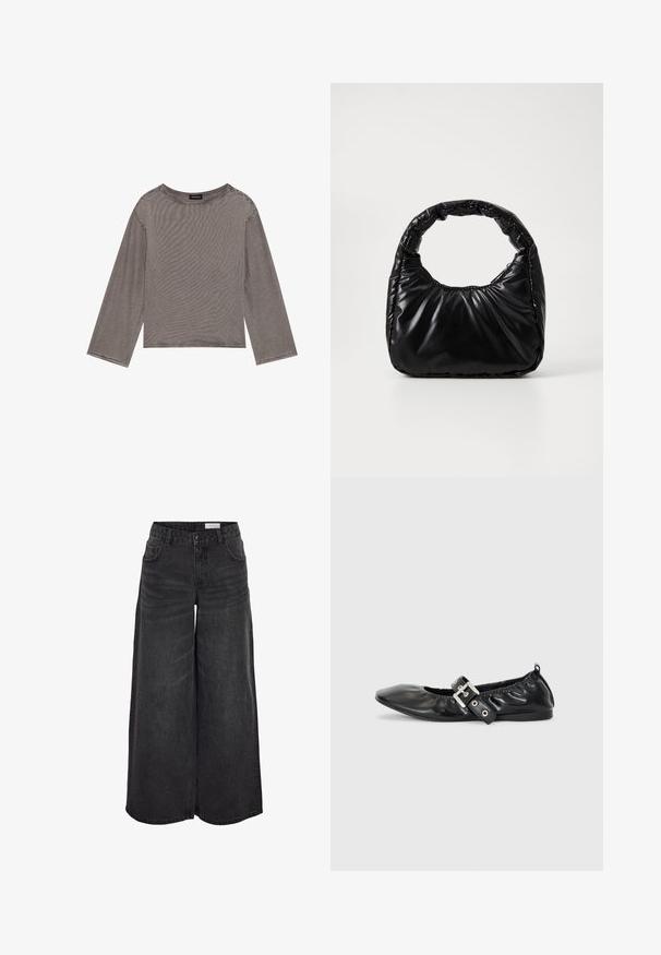 Un haut gris à manches longues en tissu léger avec une coupe décontractée, présentant un col rond et des accents à ourlet brut.; Pantalons en denim noir à jambes larges avec taille haute, poches avant et texture subtile ; conçus pour un ajustement décontracté.; Chaussure plate en cuir noir avec un nez pointu, des détails froncés autour de l'ouverture et un accent en boucle argentée sur la bride ajustable.; Sac à main noir rembourré avec une poignée arrondie, présentant une surface lisse et brillante ainsi qu'une texture douce et matelassée. Pas de quincaillerie ou d'accents visibles.