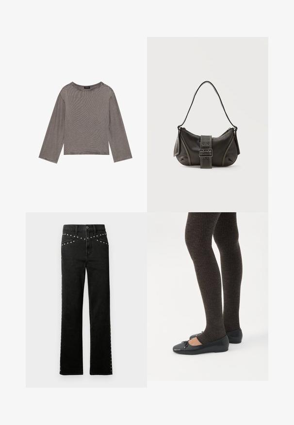 Top gris de manga larga hecho de una tela ligera con un corte holgado, que presenta un escote redondo y acentos de dobladillo deshilachado.; Jeans de mezclilla negra con pierna recta, adornados con tachuelas plateadas a lo largo de la cintura y los lados. La tela tiene una textura suave con un ajuste clásico.; Piernas con leggings oscuros acanalados combinados con bailarinas negras que presentan pequeños detalles de lazo sobre un fondo blanco.; Bolso de hombro de cuero negro con detalle de correa con hebilla, bordes curvos y costuras blancas en contraste sobre un fondo liso.