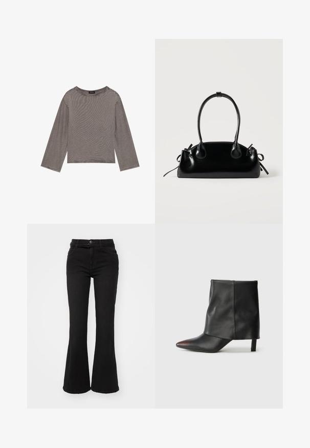 Grå langærmet top lavet af letvægtsstof med en løs pasform, der har en rund halsudskæring og rå kantdetaljer.; Sorte flare jeans med høj talje, lavet af denimstof. Har forlommer, knaplukning og en glat tekstur.; Sort ankelstøvle lavet af glat læder med spids tå og tilspidset hæl. Overdelen har et let rynket design.; Lille sort blank håndtaske med to lange håndtag og snøre-detaljer i siden på en ensfarvet lys baggrund.
