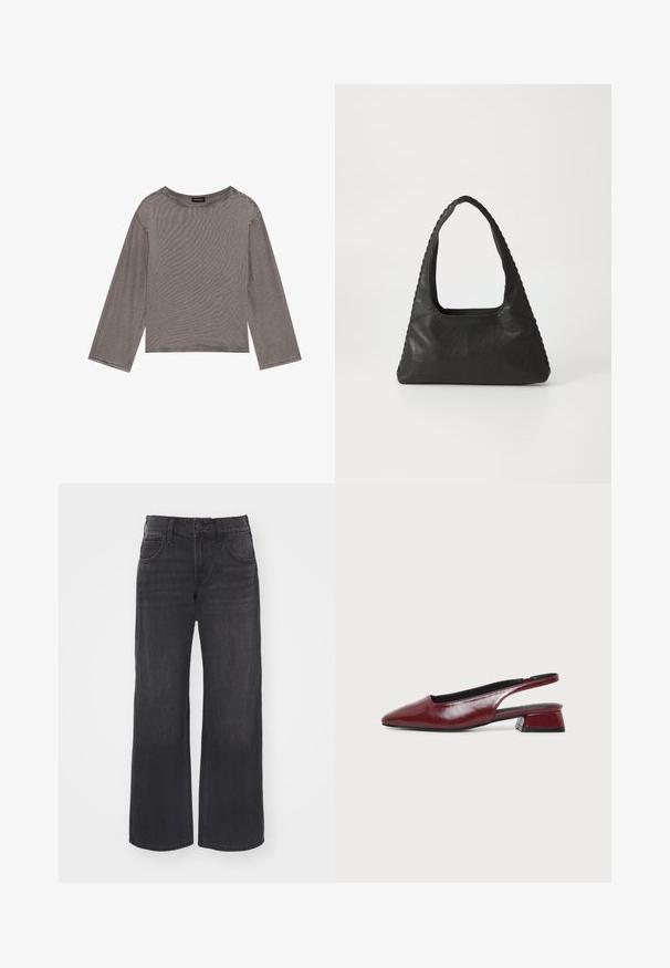 Top gris de manga larga hecho de una tela ligera con un corte holgado, que presenta un escote redondo y acentos de dobladillo deshilachado.; Jeans de mezclilla oscura de pierna amplia con cintura alta, cierre de botón y diseño de cinco bolsillos, que presentan una textura uniforme y un color oscuro en todo su tejido.; Zapato slingback de cuero granate con punta afilada y tacón bajo de bloque, mostrado de perfil sobre un fondo claro y sencillo.; Bolso de cuero negro con forma triangular, un gran asa recortada y costuras detalladas a lo largo de los bordes. Textura suave.