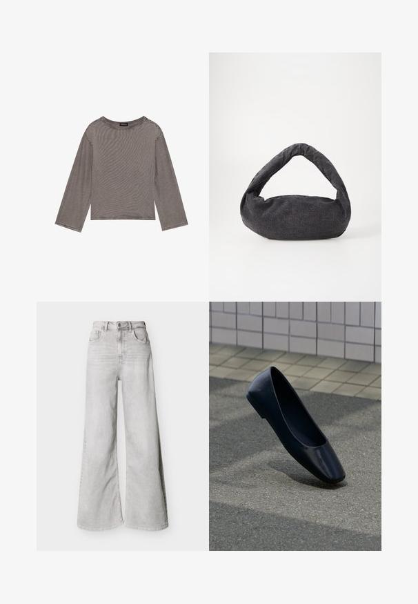 Top gris de manga larga hecho de una tela ligera con un corte holgado, que presenta un escote redondo y acentos de dobladillo deshilachado.; Jeans de pierna ancha color gris claro hechos de mezclilla, con cintura alta, bolsillos delanteros y cierre de botones. Textura suave con un aspecto ligeramente desvanecido.; Zapato plano de cuero negro, de pie verticalmente sobre una superficie de asfalto cerca del borde de una acera con baldosas.; Bolsa de tela gris oscuro con un asa curva, textura suave y forma redondeada. Sin hardware ni adornos visibles.