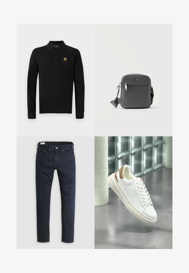 Schwarzes, langärmliges Polohemd aus Baumwolle. Verfügt über einen klassischen Kragen, eine Drei-Knopf-Leiste und ein goldenes Emblem auf der linken Brust.; Dunkelblaue Jeans aus Denim mit geradem Bein, Fünf-Taschen-Design, vorderer Knopfleiste und minimalen Nähten.; Weiße Ledersneaker mit beigem gemustertem Akzent an der Ferse, glatte Oberfläche, Schnürdesign und geprägtem Branding an der Seite.; Kompakte schwarze BOSS Umhängetasche mit vorderer Reißverschlusstasche, verstellbarem Riemen und strukturierter Lederoberfläche vor weißem Hintergrund.