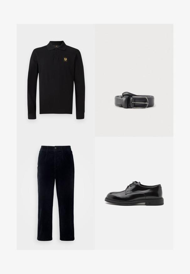 Zwarte lange mouwen polo-shirt van katoen. Beschikt over een klassieke kraag, drie-knops knoopsluiting en een gouden embleem op de linkerkant van de borst.; Donkerblauwe corduroy broek met een rechte pijpdesign, voorzien van een knoopsluiting en subtiele verticale ribbelstructuur.; Zwarte leren nette schoen met een gladde afwerking, ronde neus en veters. Heeft een dikke zwarte zool en subtiele stiksels langs de rand.; Zwarte leren riem met een gladde textuur, voorzien van een zilveren metalen gesp en lus, ontworpen in een klassieke, smalle vorm.
