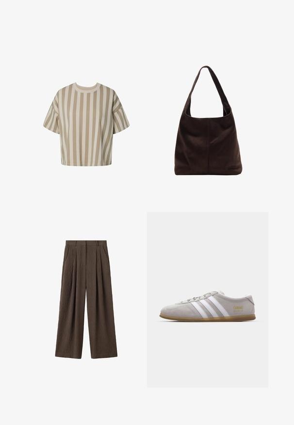 T-shirt ample à manches courtes à rayures verticales beige et blanc avec un col rond sur fond blanc.; Pantalon marron à jambes larges en tissu texturé, avec des plis à l'avant, des passants pour ceinture et des poches latérales.; Baskets en daim gris avec des rayures en cuir blanc et un logo doré. Semelle en gomme plate, bout rond et design classique à lacets.; Sac à épaule en suède marron avec une large bandoulière plate. Design doux et non structuré avec une couture centrale. Pas de matériel ou d'ornements visibles.