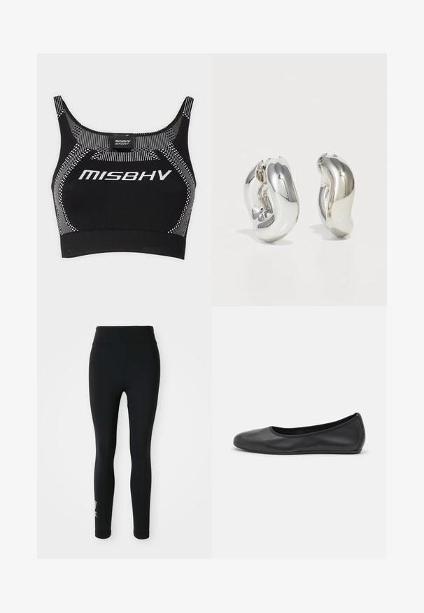MISBHV TOP - Débardeur - black/white; Leggings noirs en tissu extensible, dotés d'une taille haute et d'un petit logo imprimé sur une jambe. Texture lisse, design adapté à la silhouette.; Ballerines en cuir noir avec un bout rond, texture lisse, détails de couture minimalistes et design de semelle flexible.; Boucles d'oreilles sculpturales en argent avec des formes douces et courbes et des surfaces réfléchissantes. Présentent un design de boucle fermée et une forme organique distincte.