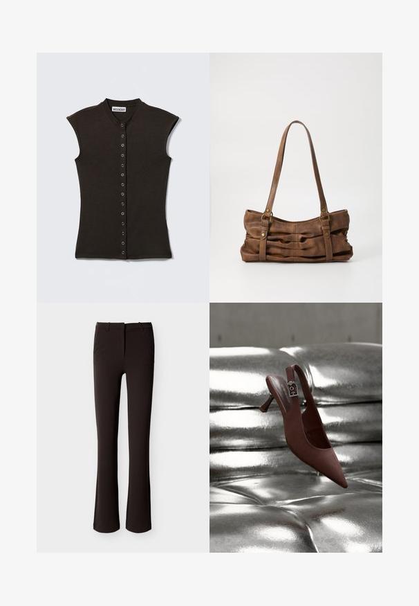 Haut noir sans manches avec boutons-pression métalliques sur le devant, encolure ronde, étiquette "WEEKDAY" à l'intérieur du col.; Pantalon noir slim avec légère évasure, fermeture éclair à l'avant et passants pour ceinture, présenté à plat sur un fond blanc.; Chaussure slingback pointue marron avec talon bas et bride à boucle reposant sur une surface capitonnée argentée métallique brillante.; Even&Odd Sac à main - brown