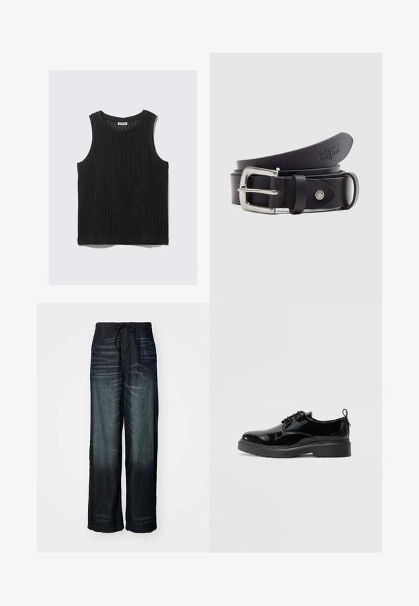 Haut noir sans manches en tissu côtelé texturé. Présente un col arrondi et un ourlet droit. Design simple sans accents supplémentaires.; Pantalons larges en denim foncé avec une décoloration graduelle. Dotés d'une taille élastique avec un cordon de serrage. Texture lisse avec des motifs d'usure subtils.; Chaussure à lacets en cuir verni noir avec semelle en caoutchouc épaisse et tirant au talon, présentée depuis le côté intérieur sur un fond blanc.; Ceinture en cuir noire avec une boucle en métal argenté, un bouton-pression pour l'ajustement et des détails embossés sur le cuir. Texture lisse sur toute la surface.