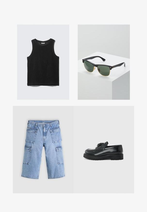 Haut noir sans manches en tissu côtelé texturé. Présente un col arrondi et un ourlet droit. Design simple sans accents supplémentaires.; Shorts cargo en denim bleu clair avec quatre poches à rabat et fermetures à bouton, présentés à plat sur un fond clair.; Mocassin en cuir noir avec pampilles, semelle épaisse en caoutchouc et talon bas, présenté de profil sur un fond uni.; Lunettes de soleil Ray-Ban avec des verres verts, monture en plastique noir et accents dorés sur les bords. Forme carrée avec une finition mate.