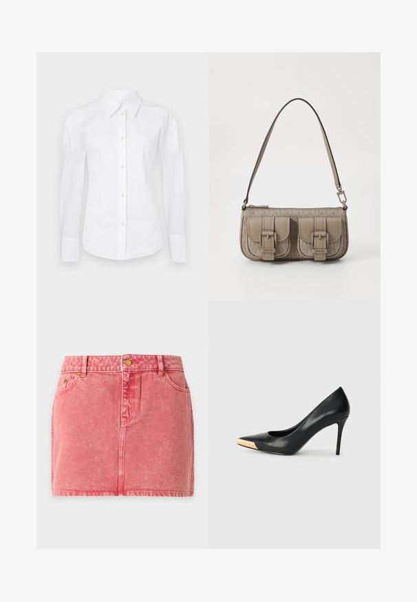 Hvid skjorte med knapper lavet af bomuld. Har en klassisk krave, lange ærmer og standard knappelukning med beige knapper. Glat tekstur.; Pink denim mini nederdel med forlommer, bæltestropper og knaplukning på en lys baggrund.; Sort læder stiletter med spids tå; har et metalisk guldakcent på tåkapperne. Glat overflade med et strømlinet design.; Beige håndtaske med dobbelt spænde detaljer, struktureret overflade, lynlås lukning og en enkelt justerbar rem. Har logo detalje på forsiden.