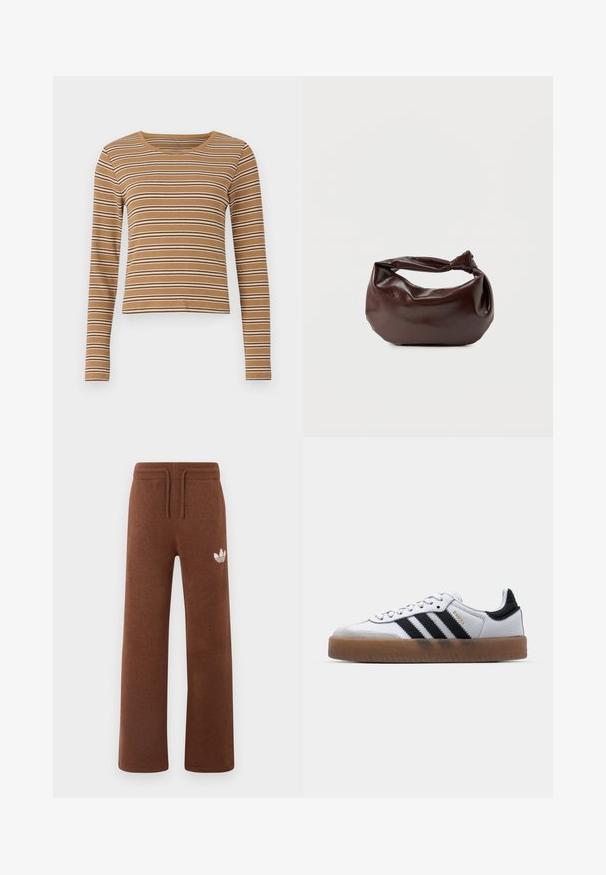 Haut marron à manches longues avec des rayures blanches et marron foncé horizontales, texture côtelée et encolure ronde, avec un design cropped.; Pantalons de survêtement marron en tissu doux avec une coupe décontractée, présentant une taille élastique, un cordon de serrage et un logo blanc sur la cuisse gauche.; Baskets en cuir blanc avec des rayures noires, semelle extérieure en caoutchouc beige, bout rond, fermeture lacée et embout en suède gris doux.; Sac bandoulière en cuir marron foncé avec une forme souple et décontractée et une anse nouée torsadée sur un fond blanc uni.