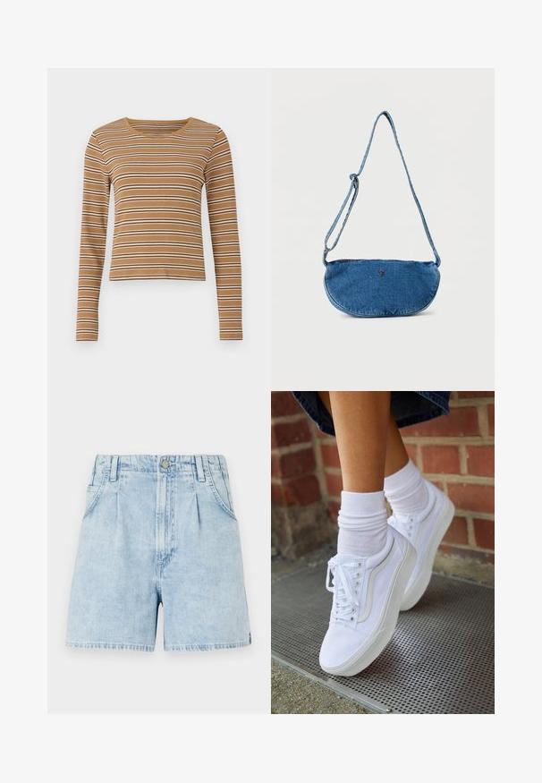 Haut marron à manches longues avec des rayures blanches et marron foncé horizontales, texture côtelée et encolure ronde, avec un design cropped.; Shorts en denim bleu clair taille haute, avec des plis sur le devant, deux poches latérales et une fermeture à bouton. Tissu doux et texturé.; Baskets en toile blanches avec semelles en caoutchouc, dotées de six œillets, d'un bout rond et de détails de couture légers, portées avec des chaussettes blanches mi-mollet.; Sac bandoulière en jean bleu avec sangle ajustable et petit logo métallique sur le devant, présenté sur fond blanc.