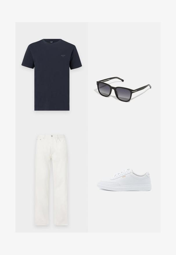Camiseta de algodón navy con cuello redondo, mangas cortas y un pequeño logo de marca en gris en el lado izquierdo del pecho. Textura suave.; Vaqueros vaqueros blancos de corte recto con bolsillos delanteros, trabillas para el cinturón y cierre con botón en la cintura, mostrados sobre un fondo liso.; Zapatillas de cuero blanco con textura suave, puntera redondeada y costuras tonales. Cuentan con cordones azules y un logo dorado en el lateral.; BOSS Gafas de sol - black