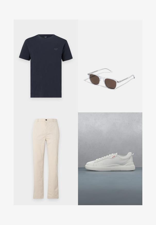 Marineblaues Baumwoll-T-Shirt mit Rundhalsausschnitt, kurzen Ärmeln und einem kleinen, grauen Markenlogo auf der linken Brust. Angenehme Textur.; Helle beige Baumwollhose mit geradem Bein, vorn mit Knopfverschluss, Reißverschluss und minimalen Nähten.; Weiße Sneaker aus glattem Leder, runde Spitze, vier Ösen, dezente Perforationen und ein rotes Logodetail an der Seite.; Klarer Kunststoff-Sonnenbrillen mit rechteckigen braunen Gläsern, ausgestattet mit dünnen, transparenten Bügeln und Metallakzenten an den Schläfen.