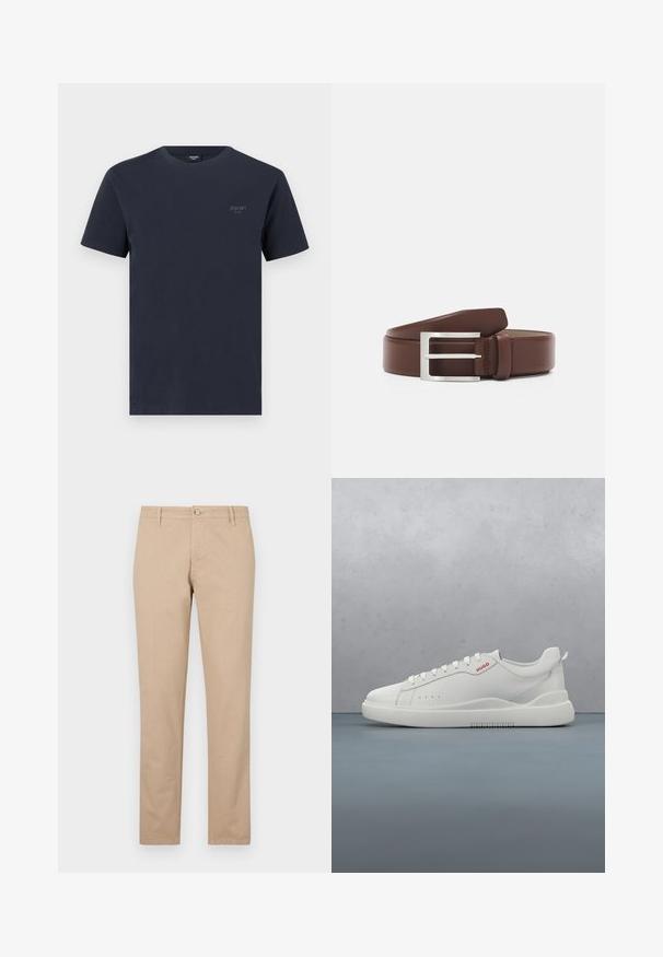 T-shirt en coton bleu marine avec un col rond, des manches courtes et un petit logo de marque gris sur la poche gauche. Texture lisse.; Pantalon beige en coton avec une coupe droite, doté d'une fermeture à bouton à l'avant, de poches latérales et de détails texturés subtils.; Sneaker blanche avec une finition en cuir lisse, bout rond, quatre œillets, perforations subtiles et un détail de logo rouge sur le côté.; Ceinture en cuir marron avec une boucle rectangulaire en métal argenté, présentant une texture lisse et un design classique.