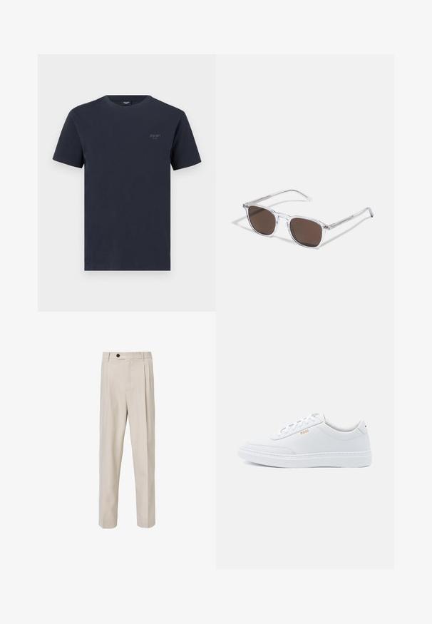 Marineblaues Baumwoll-T-Shirt mit Rundhalsausschnitt, kurzen Ärmeln und einem kleinen, grauen Markenlogo auf der linken Brust. Angenehme Textur.; Beige maßgeschneiderte Hose mit geradem Beinschnitt, vorderen Falten, Knopfverschluss und glatter Stoffstruktur.; Weiße Leder-Sneaker mit glatter Textur, runder Zehenpartie und tonal abgestepptem Design. Mit blauen Schnürsenkeln und einem goldenen Logo an der Seite.; Klarer Kunststoff-Sonnenbrillen mit rechteckigen braunen Gläsern, ausgestattet mit dünnen, transparenten Bügeln und Metallakzenten an den Schläfen.