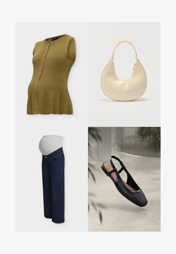 Haut de maternité sans manches en maille vert olive avec fermeture boutonnée devant et col rond, ajusté à la poitrine et fluide sur le ventre.; Jean de maternité bleu foncé avec une ceinture gris extensible conçue pour accueillir un ventre de femme enceinte.; Chaussure plate slingback en cuir noir avec un orteil carré, dotée d'un fini verni brillant et de sangles ajustables pour un maintien sécurisé.; Sac à main crème en forme de croissant avec une poignée courte ornée d'un accent en métal doré et une fermeture éclair latérale.