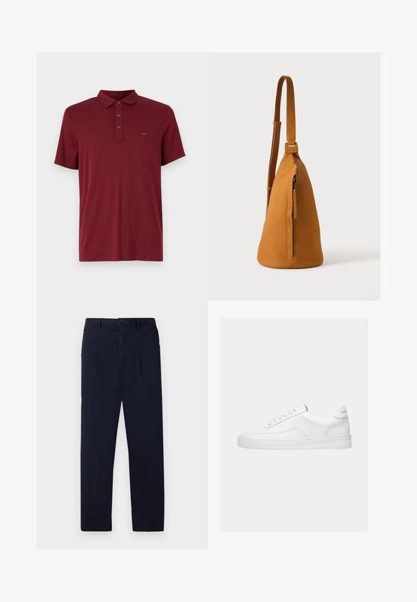 Michael Kors SLEEK NEW - Πόλο - bordeaux; Ναυτικό μπλε παντελόνι από ελαφρύ ύφασμα με επίπεδο μπροστινό μέρος, δύο πιέτες και κανονικό κλείσιμο με κουμπί στη μέση.; Λευκό sneaker χαμηλού τόνου με σχέδιο δέσιμο κορδονιών, λείο δερμάτινο επάνω μέρος και παχύ πάτο, εμφανιζόμενο από πλευρική όψη σε απλό φόντο.; Τσαντάκι ώμου από ταν δέρμα με ρυθμιζόμενο λουρί και κάθεσια τσέπη με φερμουάρ, εμφανίζεται από το πλάι σε απλό ανοιχτό φόντο.