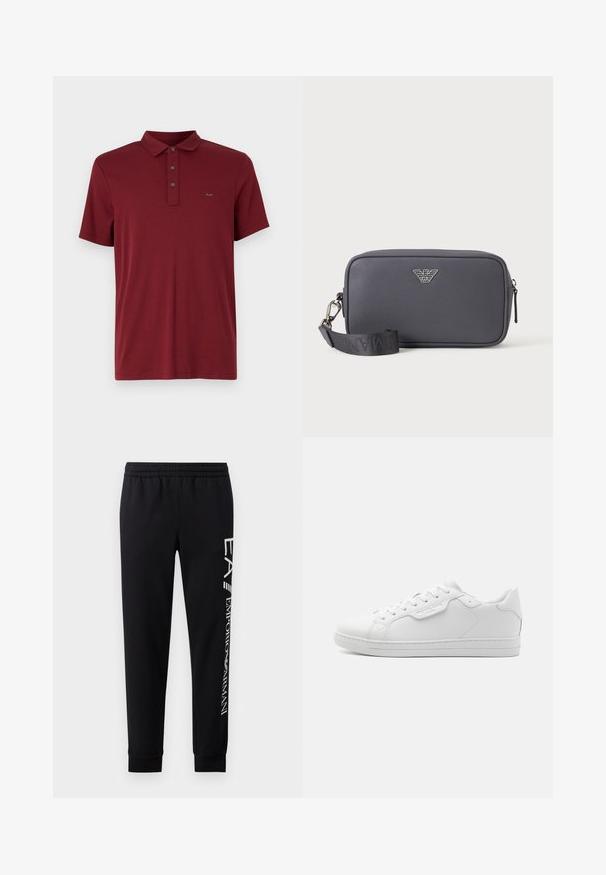 Michael Kors SLEEK NEW - Πόλο - bordeaux; Μαύρο παντελόνι φόρμας από μείγμα βαμβακιού, με ελαστική μέση, κομμάτια με κωνική γραμμή, ριμπ μανσέτες και λευκή εκτύπωση λογότυπου κατά μήκος της πλευράς.; Λευκό δερμάτινο αθλητικό παπούτσι με στρογγυλή μύτη, έξι τρύπες για κορδόνια, επίπεδα κορδόνια και μινιμαλιστικό σχέδιο. Διαθέτει ένα μικρό λογότυπο στο πλάι.; Ορθογώνια σκούρα γκρι τσάντα χιαστί με υφή, ασημένιο έμβλημα λογότυπου, κλείσιμο με φερμουάρ και μαύρο ρυθμιζόμενο λουρί με μεταλλικό κούμπωμα.