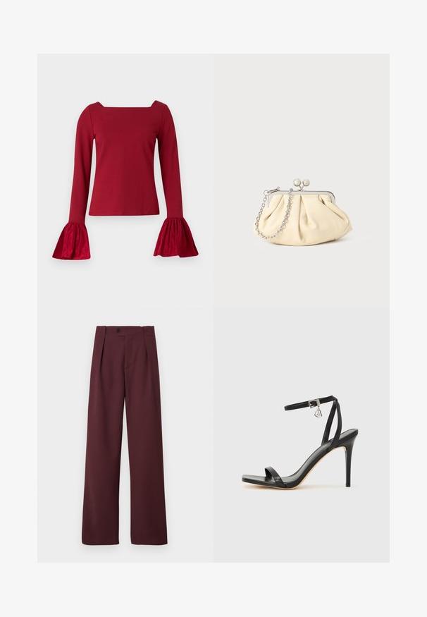 Haut rouge à manches longues avec un décolleté carré. Présente des manches évasées et texturées ainsi qu'un corps lisse. Fabriqué en tissu doux.; CLOSED MAWSON - Pantalon classique - dark raisin red; Sandale à talon haut noire avec une bride étroite à la cheville, bout carré, cuir lisse et accent de boucle métallique.; Pochette en cuir beige plissé avec un cadre en métal argenté, dotée de deux fermoirs ronds décoratifs et d'une chaîne en argent.