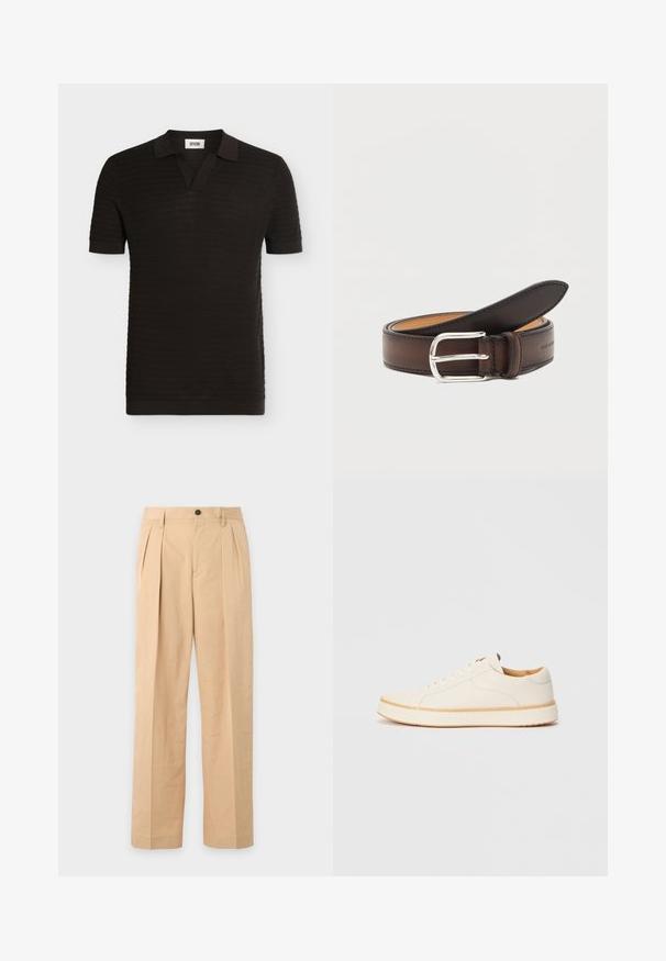 Polo en maille noire à manches courtes avec des rayures horizontales texturées et un col plié avec une ouverture en V.; Pantalon beige plissé avec fermeture bouton et zip, passants de ceinture et jambes droites larges.; Baskets en cuir blanc avec un bout rond, design simple à lacets, semelle intérieure rembourrée et semelle en caoutchouc beige contrastante. Texture lisse sur l'ensemble.; Ceinture en cuir marron foncé roulée avec une boucle rectangulaire argentée sur fond blanc.