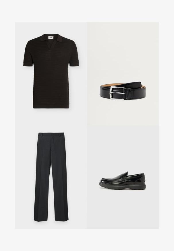 Polo en maille noire à manches courtes avec des rayures horizontales texturées et un col plié avec une ouverture en V.; Pantalon gris foncé à coupe droite, fabriqué en tissu texturé, avec une fermeture à bouton unique et des poches latérales.; Mocassin en cuir noir avec une finition brillante, bout arrondi, détails de couture subtils et semelle en caoutchouc épaisse pour la durabilité.; Ceinture en cuir noir présentant une texture lisse, une boucle en métal argenté et une finition à point unique le long des bords.