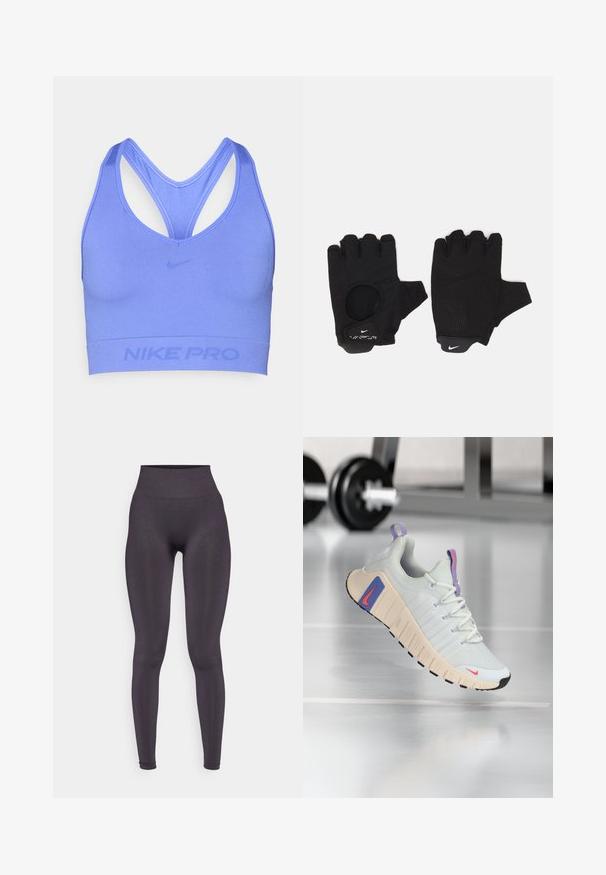 Brassière de sport violette à texture lisse, avec un design de dos croisé et le logo "NIKE PRO" en impression subtile sur la bande.; Leggings taille haute de couleur gris foncé, fabriqués en un matériau lisse et extensible, avec une coupe ajustée et sans motifs ni éléments en métal visibles.; Baskets avec une tige en maille gris clair, un col rembourré et une semelle crème texturée. Présentent des accents rose et bleu ainsi qu'une semelle en caoutchouc noir.; Gants sans doigts noirs avec un design texturé. Fabriqués en matériau respirant, dotés d'un trou pour le pouce et d'une paume renforcée pour une meilleure prise.