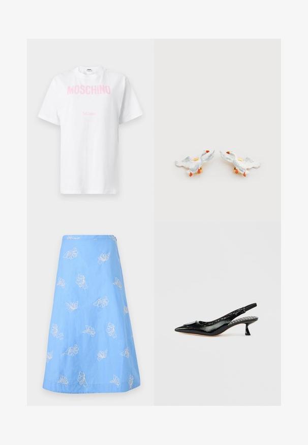 T-shirt en coton blanc avec le texte "MOSCHINO" en rose sur la poitrine et un texte plus petit "Milano" en dessous, manches courtes et encolure ronde.; Jupe trapèze bleue avec broderie florale blanche dispersée sur le tissu.; Escarpins à talons slingback en cuir verni noir avec bout pointu, surface texturée et petit talon. Intérieur avec une doublure à motifs et texte.; Clous d'oreilles en céramique en forme de canard avec corps blancs, becs orange et accessoires ton or, présentant des ailes en relief et des textures détaillées.