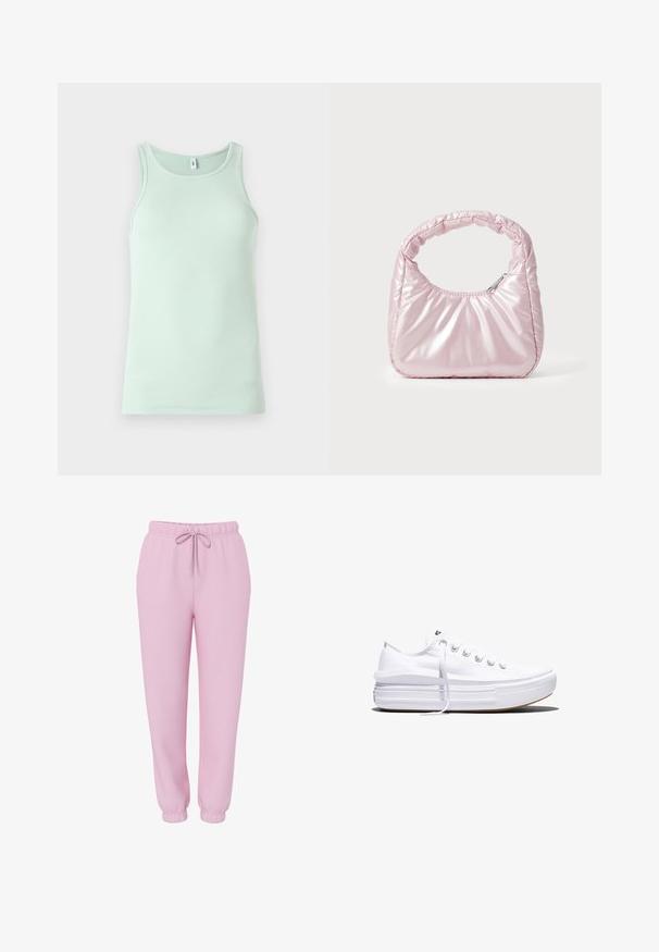 Lys mintgrøn tanktop lavet af ribbet stof. Har en rund halsudskæring og ærmeløst design. Enkel, uden pynt.; Lyserøde joggers med elastisk linning, snørebånd, sidelommer og elastiske manchetter, vist på hvid baggrund.; Hvid lavt snørestøvle med tyk plateau-sål, snørelukning foran og gummiforstærket tåkap, set i sideprofil.; Rosa, polstret håndtaske med afrundet design, lavet af skinnende materiale. Har et samlet håndtag og en lynlås til sikker adgang.