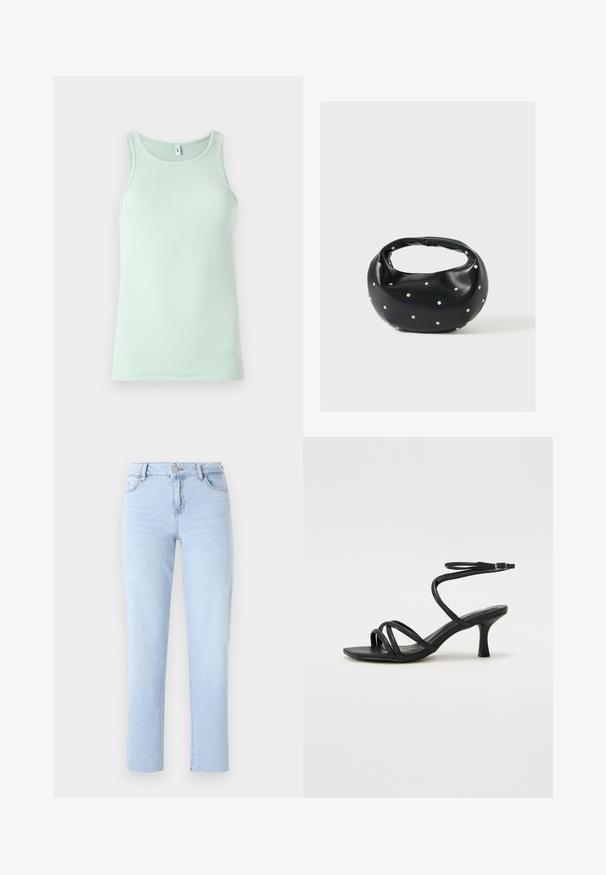 Lys mintgrøn tanktop lavet af ribbet stof. Har en rund halsudskæring og ærmeløst design. Enkel, uden pynt.; Lyseblå lige ben jeans lavet af denim, med en standard talje, fem lommer og subtile sømdetaljer.; Even&Odd Wide Fit by Zalando Sandaler - black; Sort læderhåndtaske med en rundet form, dekoreret med sølvnitter, og et kort håndtag. Glat tekstur og lynlåslukning.