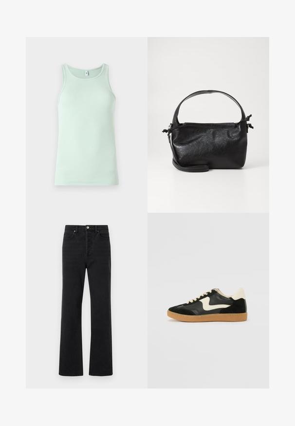 Lys mintgrøn tanktop lavet af ribbet stof. Har en rund halsudskæring og ærmeløst design. Enkel, uden pynt.; Sorte denim jeans med en flareben-design, fem lommer, en frontknaplukning og subtile syninger. Blød tekstur med minimal slitage.; Sorte ruskinds- og lædersneakers med en cremefarvet side-swoosh og lys cremefarvet hæl. Har beige snørebånd og en gummirubber-sål.; Sort læderhåndtaske med et struktureret design, rund tophåndtag og aftagelig skulderrem. Den har en glat tekstur og en subtil glans.